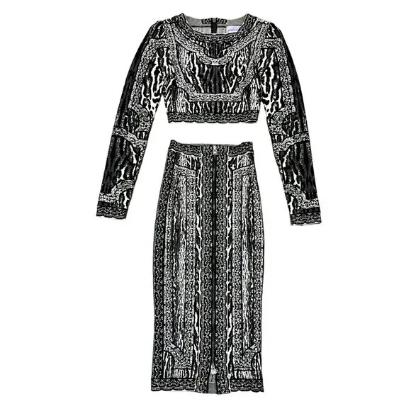 Herve Leger Two Piece Elegant Black and Gray Patterned Skirt Set - Picture 5 of 10